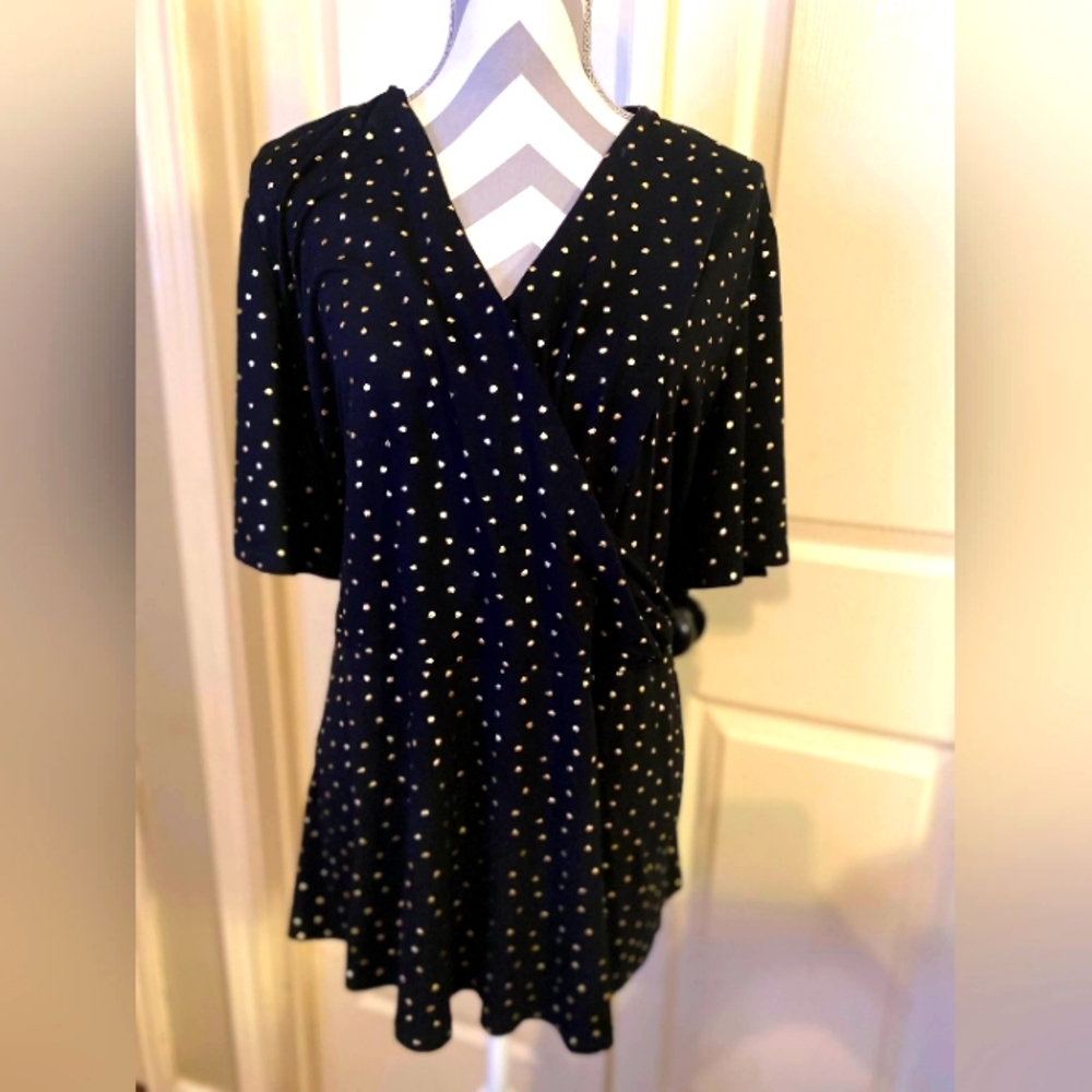 Black stretch gold foil polka dots peplum blouse plus size 22/24